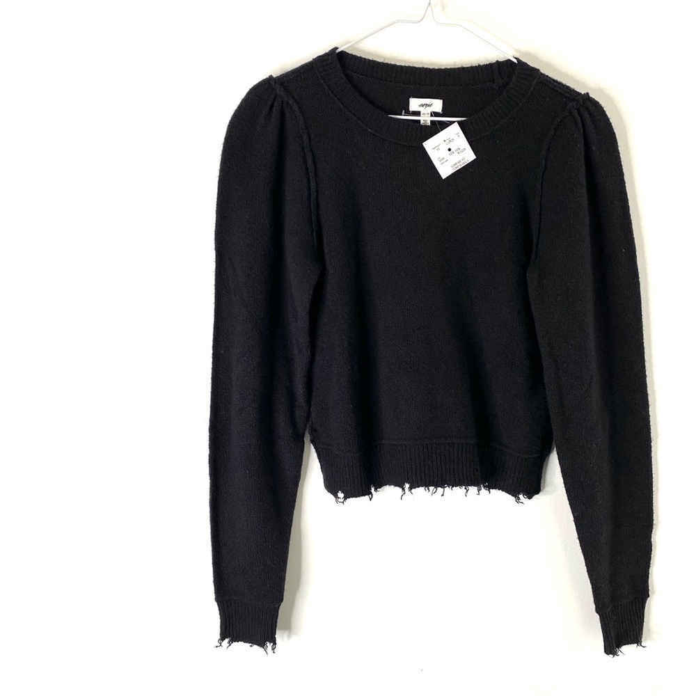 Aerie Ribbed Crew Neck Sweater Raw Seam Distressed Hem & Cuffs Black NWT